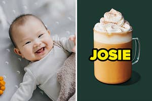 A baby smiles next to a separate image of a pumpkin spice latte.