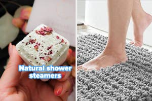 A natural shower steamer and a chenille rug