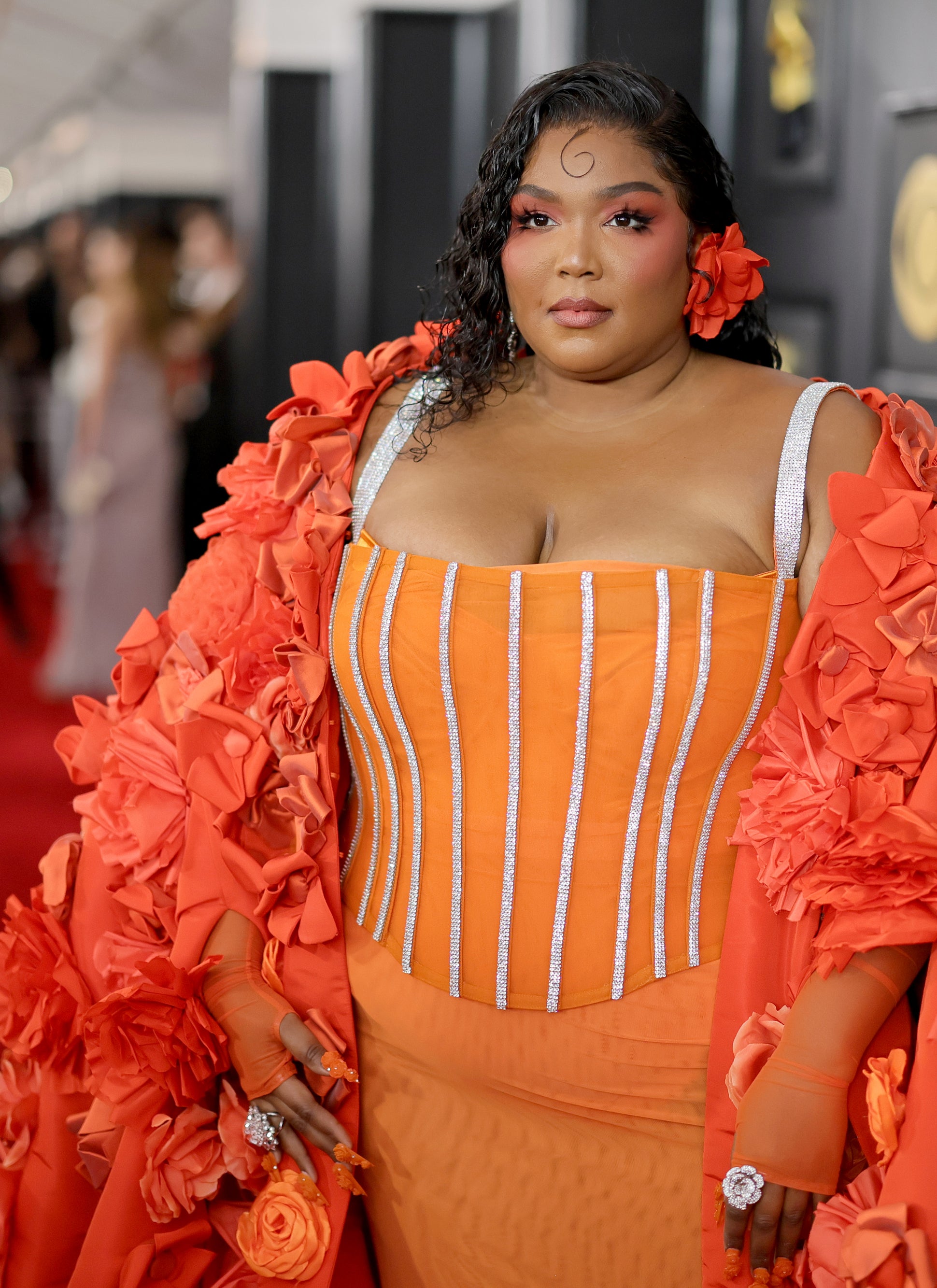 Close-up of Lizzo at the Grammys in a dress with sparkled stripes down the corset top and a embellished coat