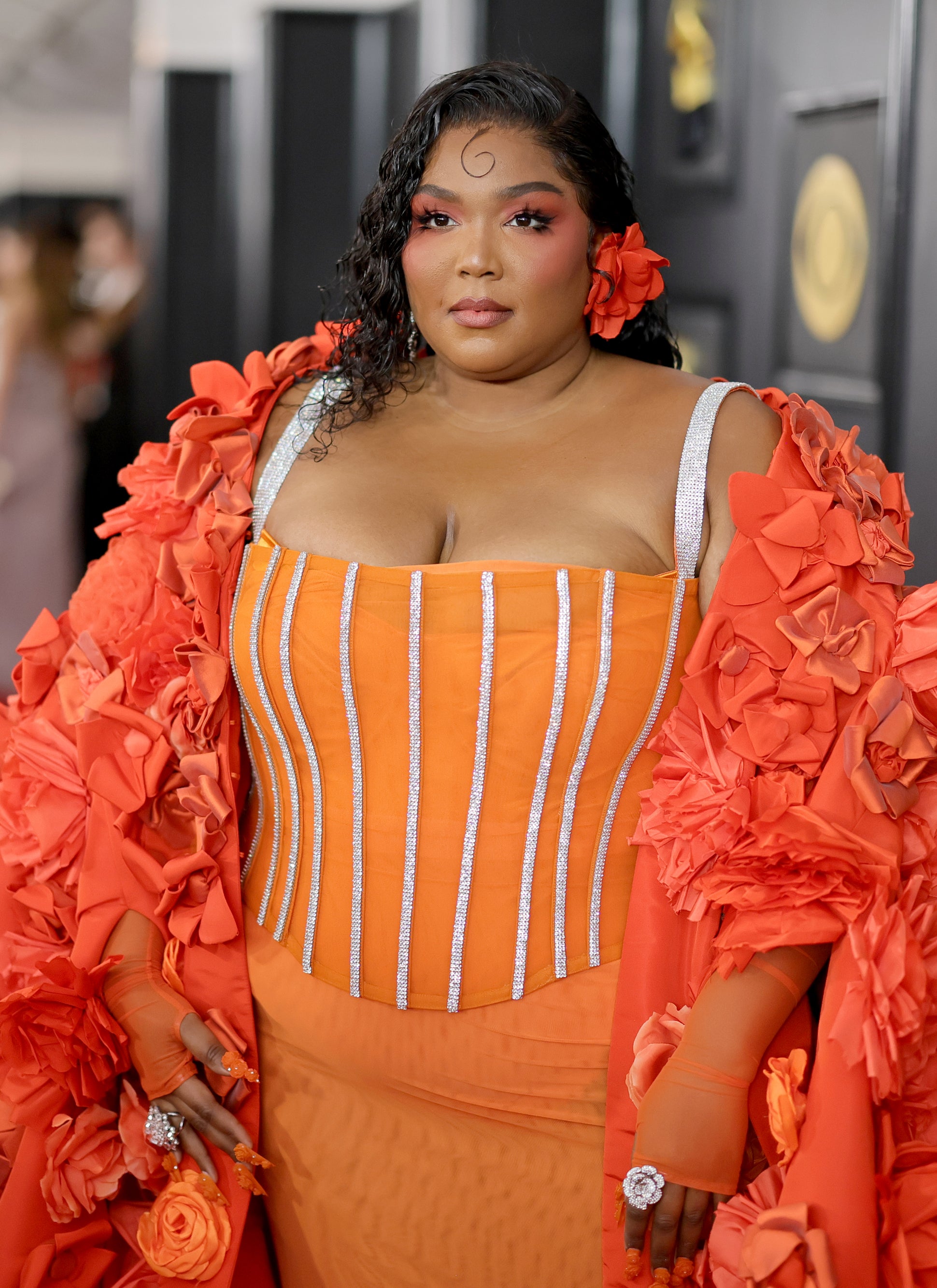 Close-up of Lizzo at the Grammys in a dress with sparkled stripes down the corset top and a embellished coat