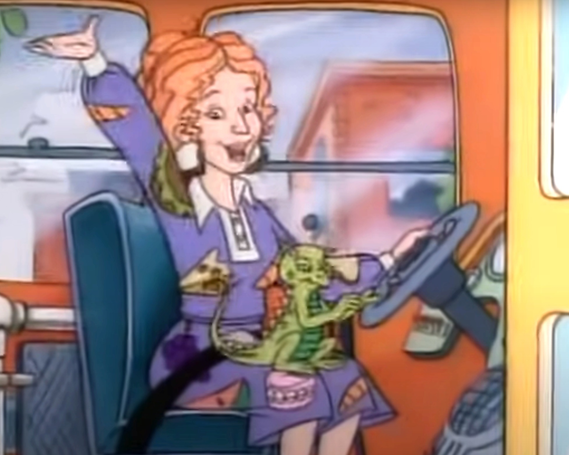 Animated character driving a bus