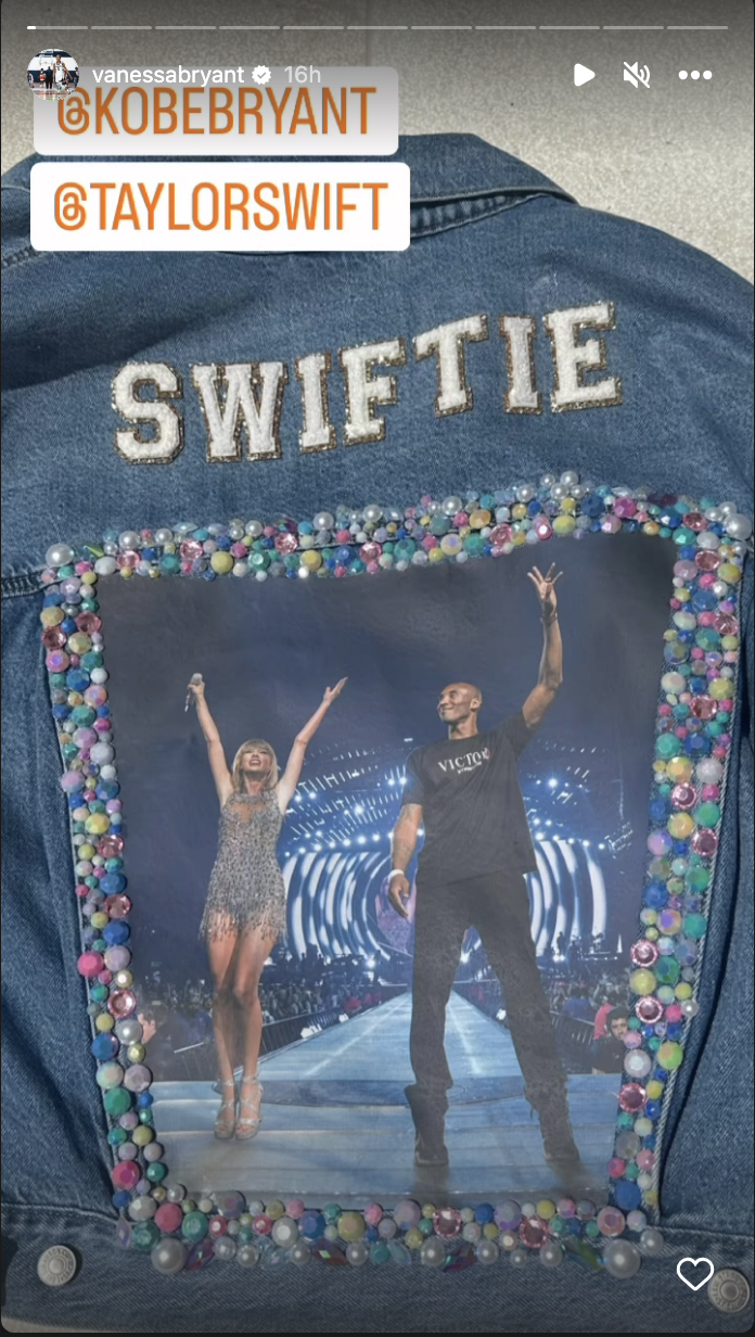 Jean jacket with a photo of Taylor Swift and Kobe Bryant that says &quot;Swiftie&quot; on top