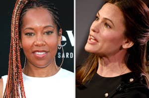 Regina King poses for a photo vs Jennifer Garner is photographed from the left as she speaks to someone