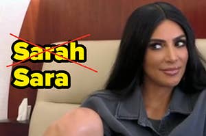 Kim Kardashian looks to the side with mouth pursed as if annoyed. Next to her are two different spellings of the name "Sarah," with an X through one of them.