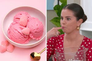 A bowl of pink ice cream next to a separate image of Selena Gomez licking her finger.