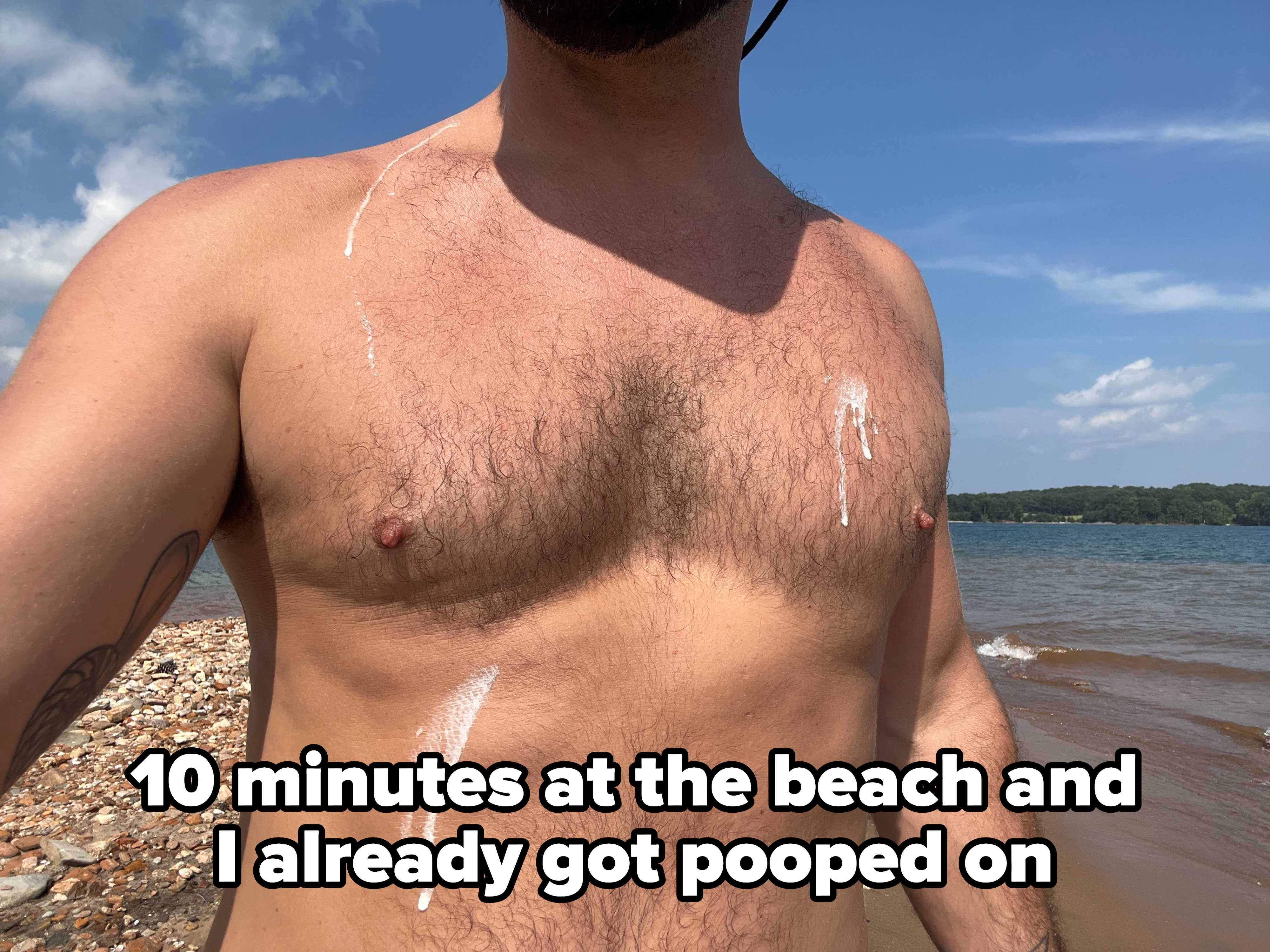 A man with bird poop on his chest