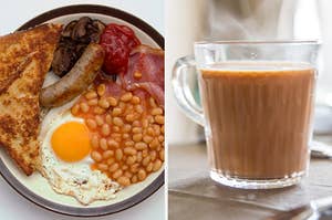 On the left, a full English breakfast, and on the right, chai in a see-through class