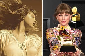 On the left, Taylor Swift on the Fearless Taylor's Version album cover, and on the right, Taylor Swift holding a Grammy