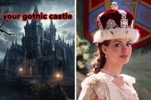 On the left, a dark, creepy castle against a cloudy sky labeled your gothic castle, and on the right, Anne Hathaway wearing a crown as Mia in The Princess Diaries 2
