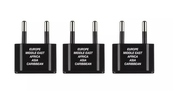 three black travel adapters designed for Europe, Middle East, Africa, Asia, and the Caribbean