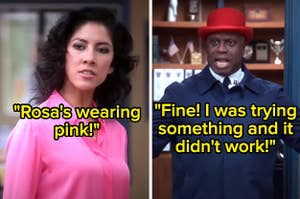 Rosa wearing pink and Holt wearing a red hat