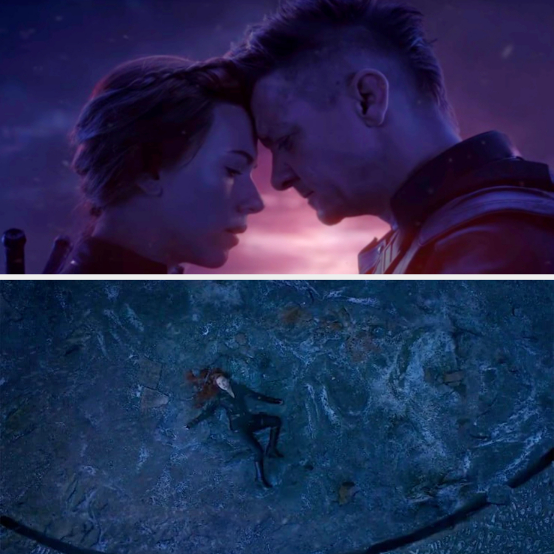 Black Widow and Hawkeye sharing a moment before her death