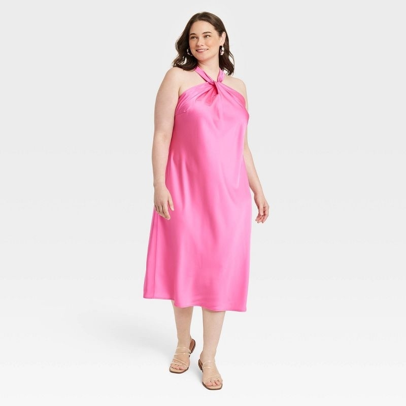 Model wearing a pink dress