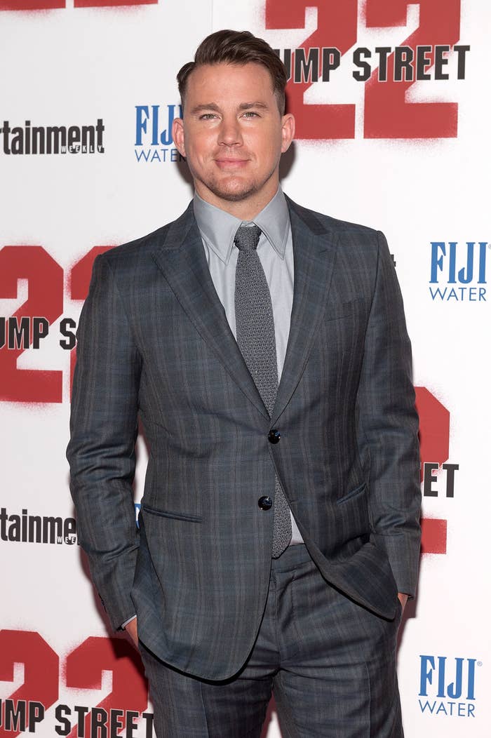 Closeup of Channing Tatum in a plaid suit