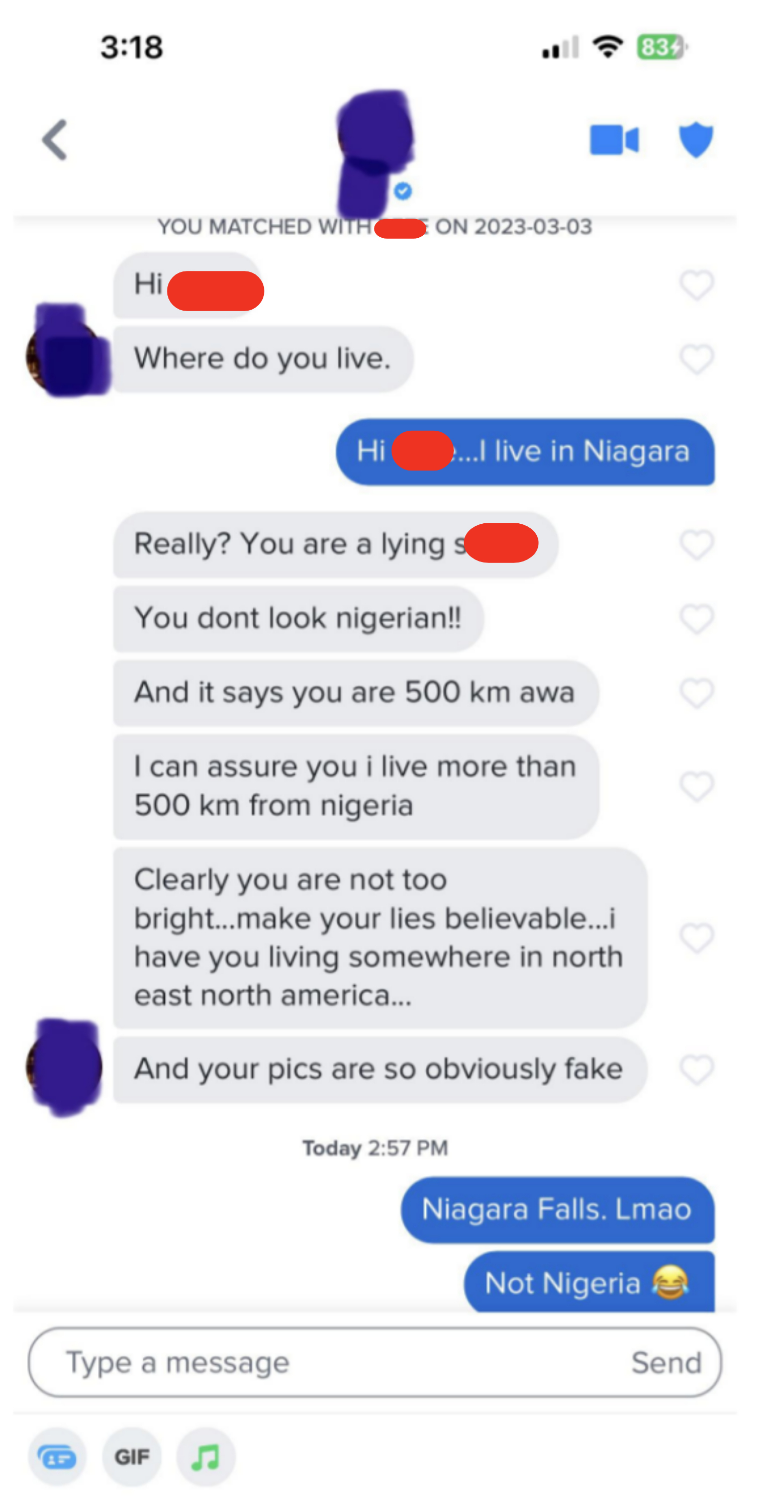 Someone asks where their match is from, they respond Niagara, the first person misreads it as Nigeria and goes on a rant about how they don&#x27;t look Nigerian and shouldn&#x27;t lie