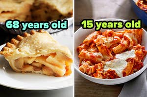 On the left, a slice of apple pie labeled 68 years old, and on the right, a bowl of ziti labeled 15 years old