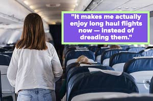a woman walking through a plane cabin