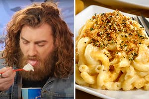On the left, Rhett from Good Mythical Morning eating a Blizzard, and on the right, mac and cheese covered in herbs and bread crumbs