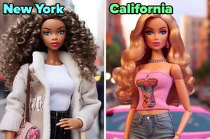 On the left, a Barbie in a fur coat with curly hair labeled New York, and on the right, a Barbie in a tube top and jeans labeled California