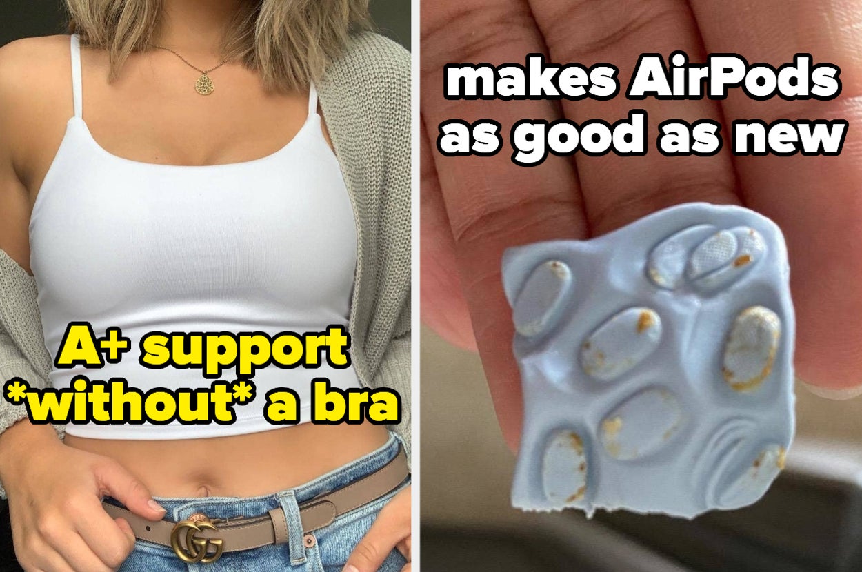 reviewer wearing crop top with built-in bra; reviewer holding airpod-cleaning putty