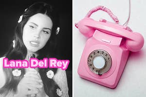 On the left, Lana Del Rey in the Love music video, and on the right, a rotary phone