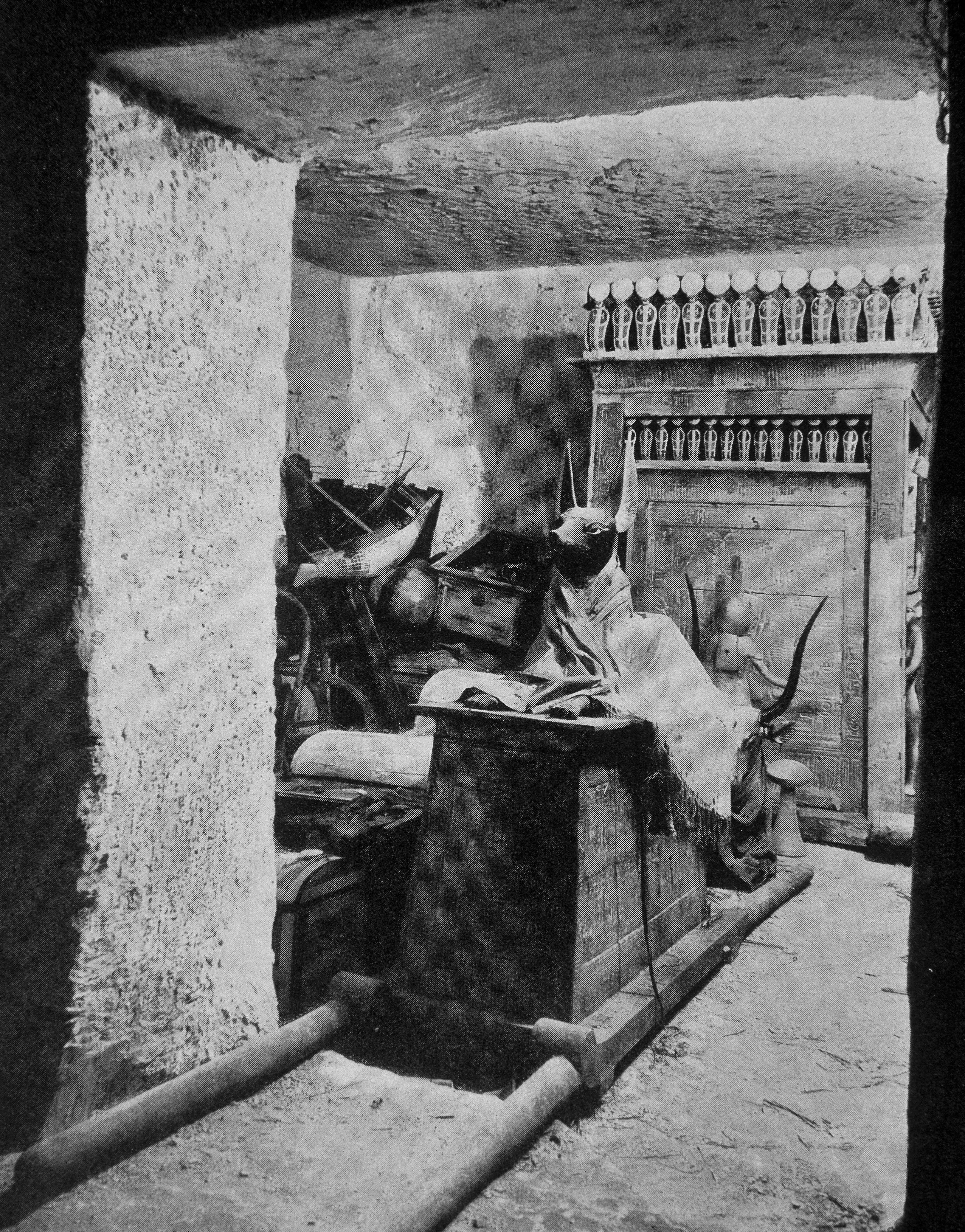 A jackal-like statue on top of a sarcophagus in a small room