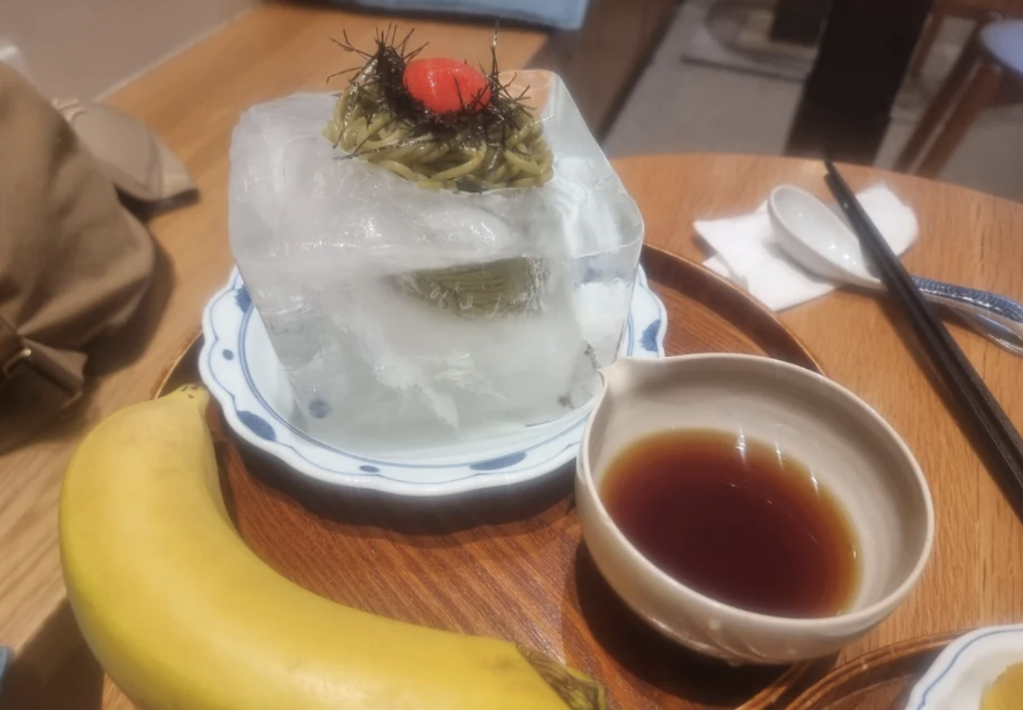 Noodles in a block of ice