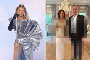 Beyonce smiles out at the audience vs Kamala Harris smiles for a photo with her husband Douglas Emhoff