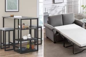 on left: gray table and stools set. on right: gray loveseat with pull-out bed