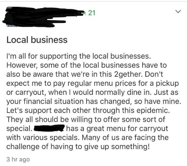 person saying that food should be cheaper for take out