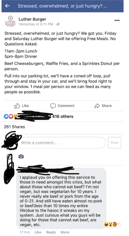 person responding to a restaurant giving free meals by saying they won't eat meat, so what will they do about that