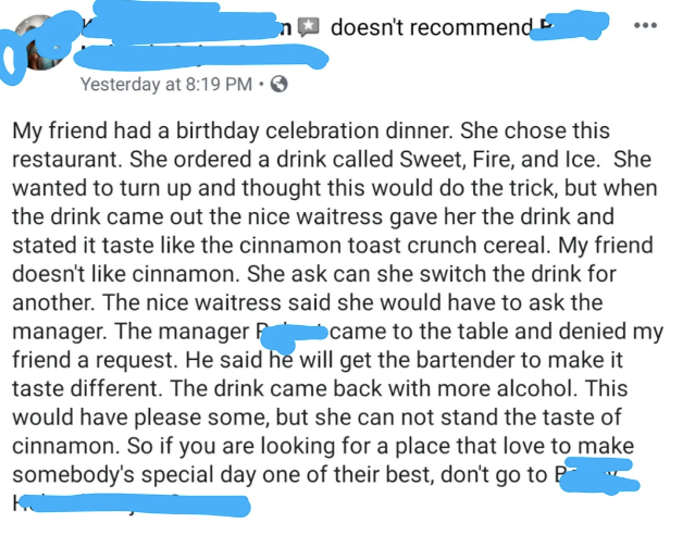 someone didn't read the menu item had cinnamon and then complained