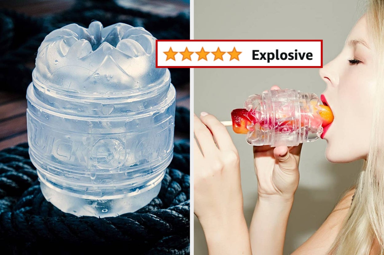 Transparent fleshlight masturbator on display and model eating popsicle through masturbator