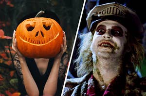 A girl holding a pumpkin in front of her face and Beetlejuice.