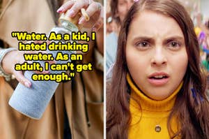 A reusable water bottle being held by a woman, Beanie Feldstein in Booksmart, text: "Water. As a kid, I hated drinking water. As an adult, I can't get enough."