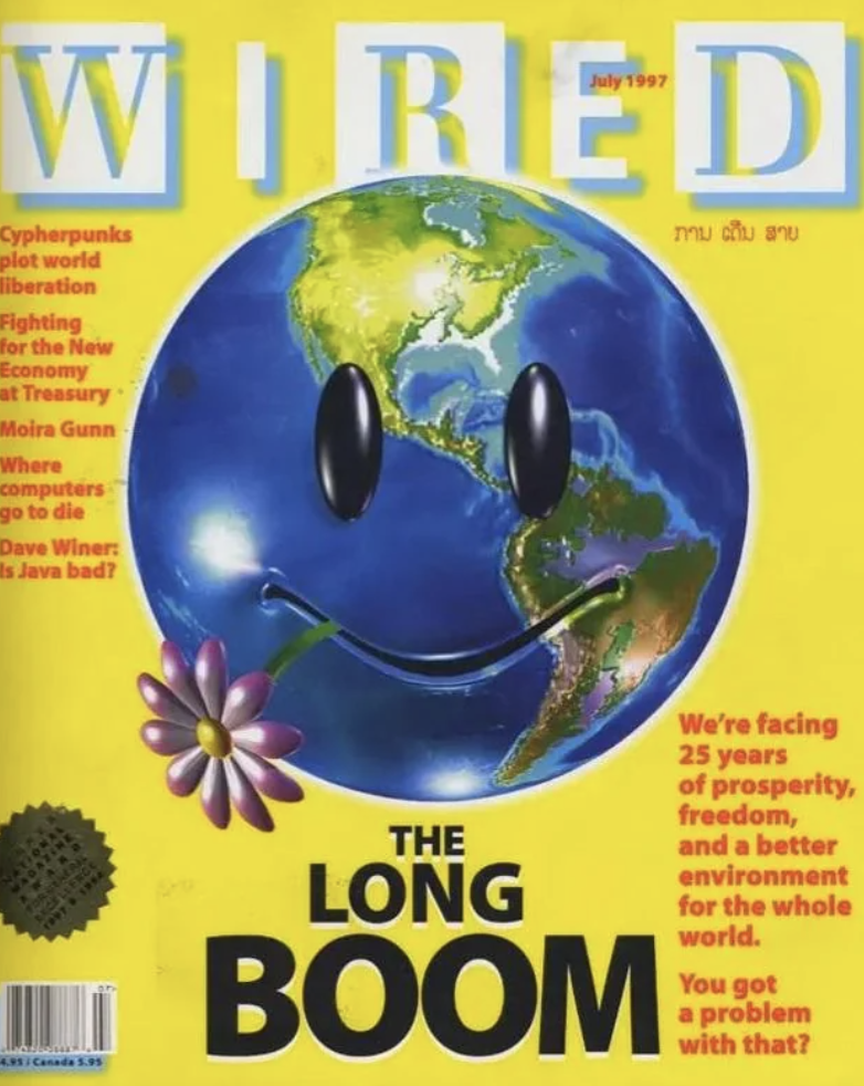 The cover features the globe with a smiley face photoshopped onto it and is titled &quot;The Long Boom&quot;