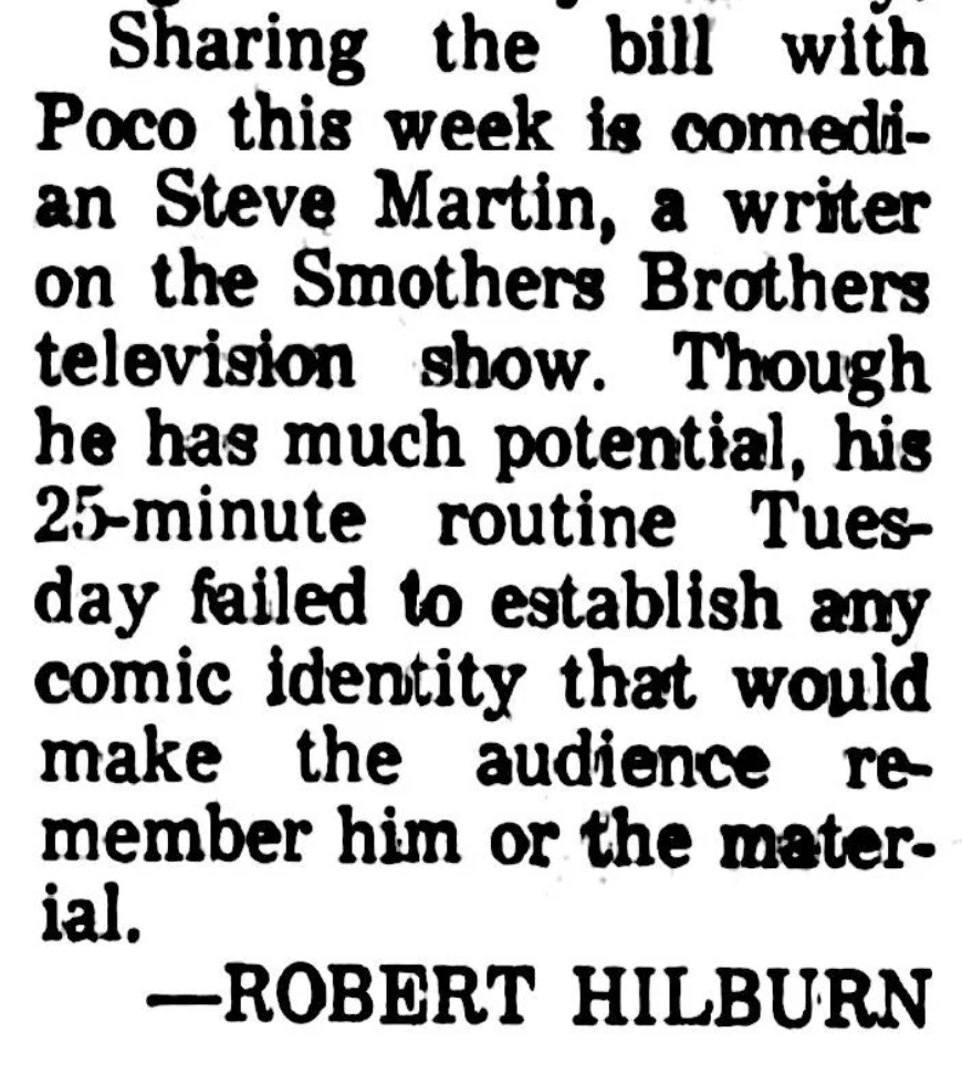 The review says &quot;Though he has much potential, his 25-minute routine Tuesday failed to establish any comic identity that would make the audience remember him&quot;