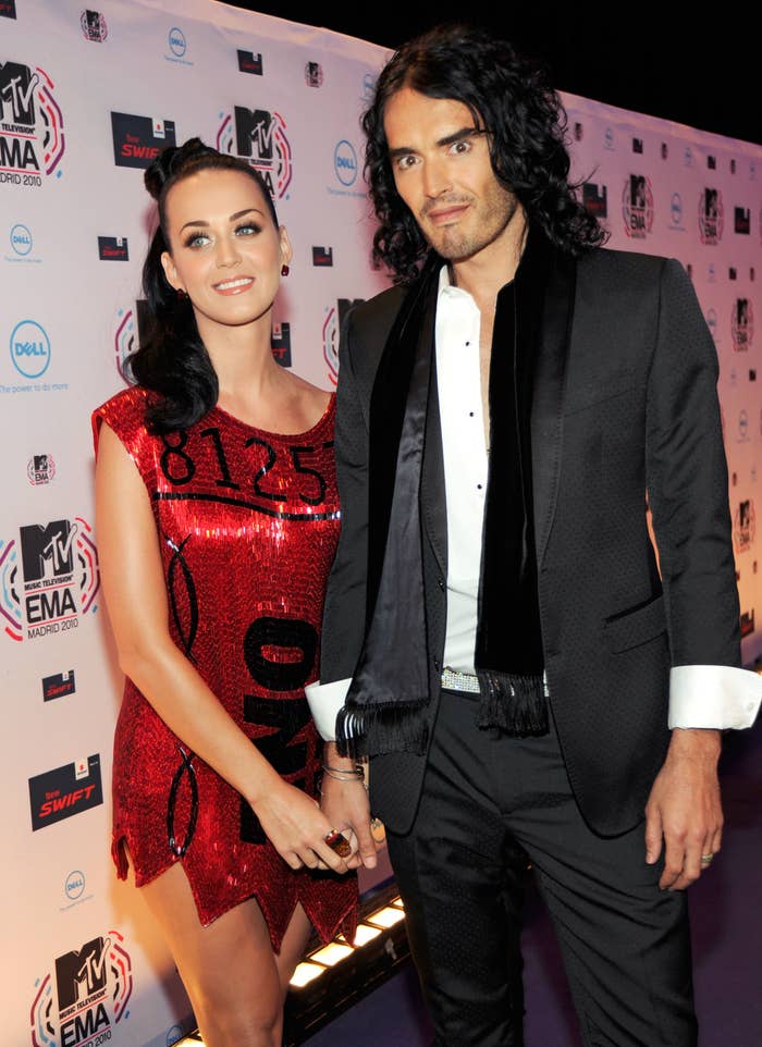 Katy Perry and Russell Brand holding hands on the red carpet
