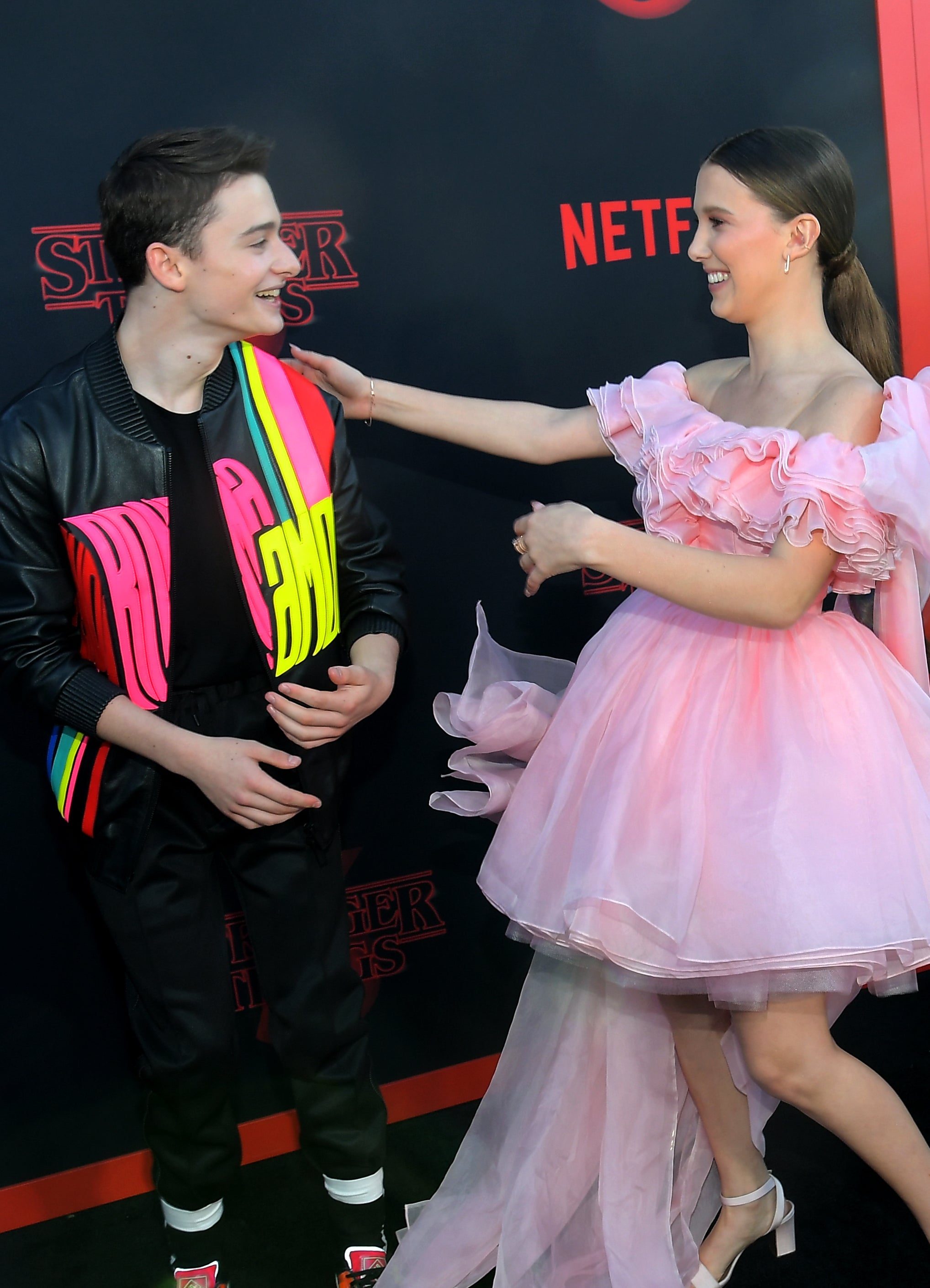 Closeup of Noah Schnapp and Millie Bobby Brown