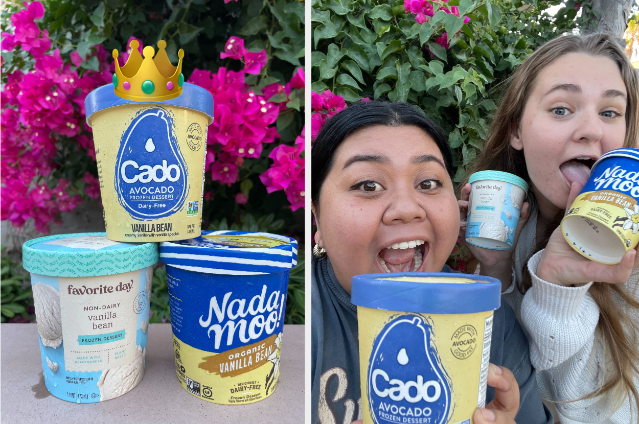 The ice creams Favorite Day, Nadamoo, and Cado are being displayed. There&#x27;s a crown emoji on the Cado tub. The taste-testers are posing with the ice creams