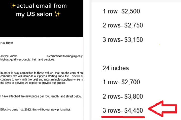 Email from US salon stating price increases on hair extensions
