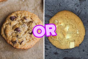 On the left, a chocolate chip cookie, and on the right, a white chocolate macadamia nut cookie with or typed in the middle