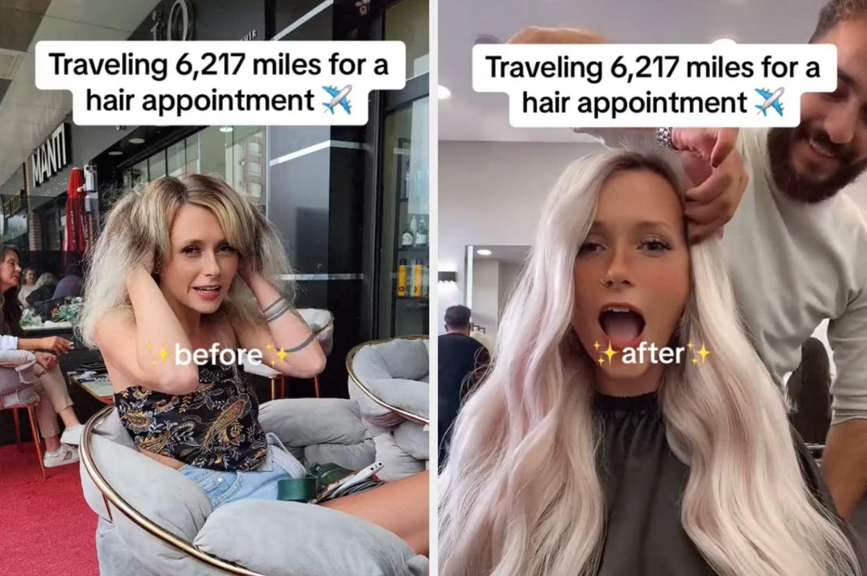 Before and after of Bryn&#x27;s hair after traveling to Turkey for extensions