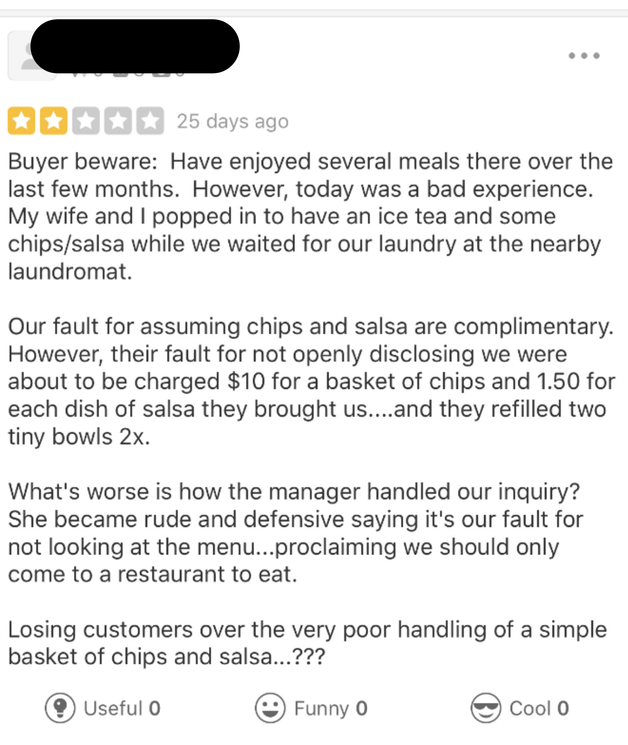 person mad that they ordered chips and salsa and were charged for them