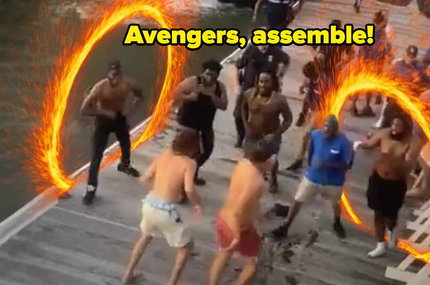screenshot from fight with edited fire balls with caption "avengers, assemble"