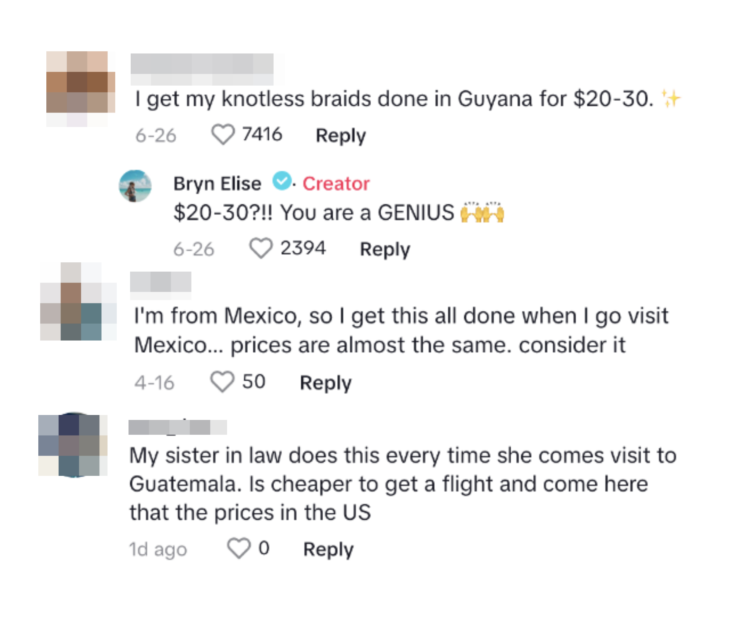 People commenting other places to get services done, like Guyana, Mexico, and Guatemala