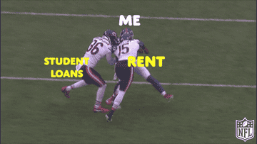 two football players labeled student loans and rent blocking a third player labeled me