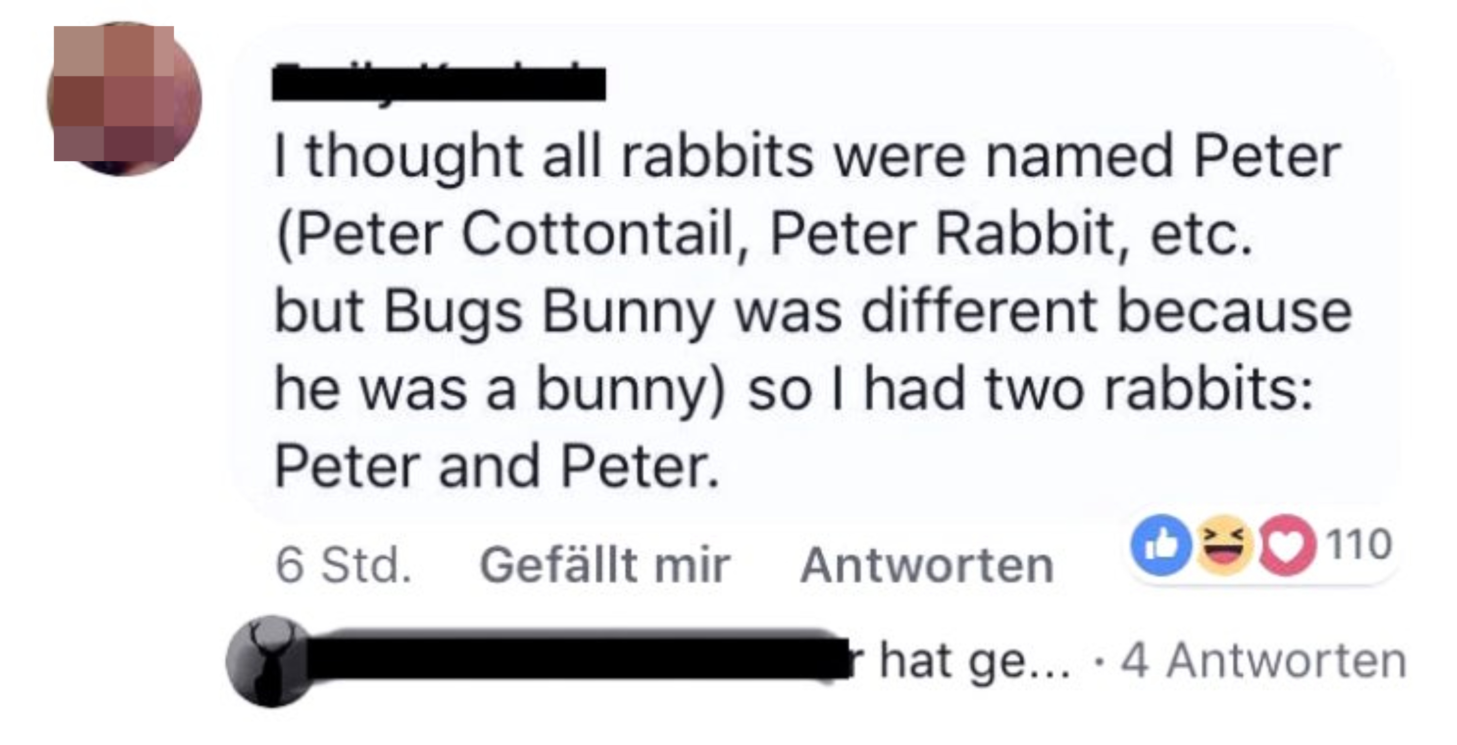 &quot;i thought all rabbits were named Peter (Peter Cottontail, Peter Rabbit, etc, but Bugs Bunny was different because he was a bunny) so I had two rabbits, Peter and Peter&quot;