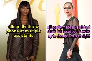 Naomi Campbell allegedly threw her phone at multiple assistants, and Lady Gaga allegedly made ex-assistant share her hotel bed & wake up to change DVDs at night