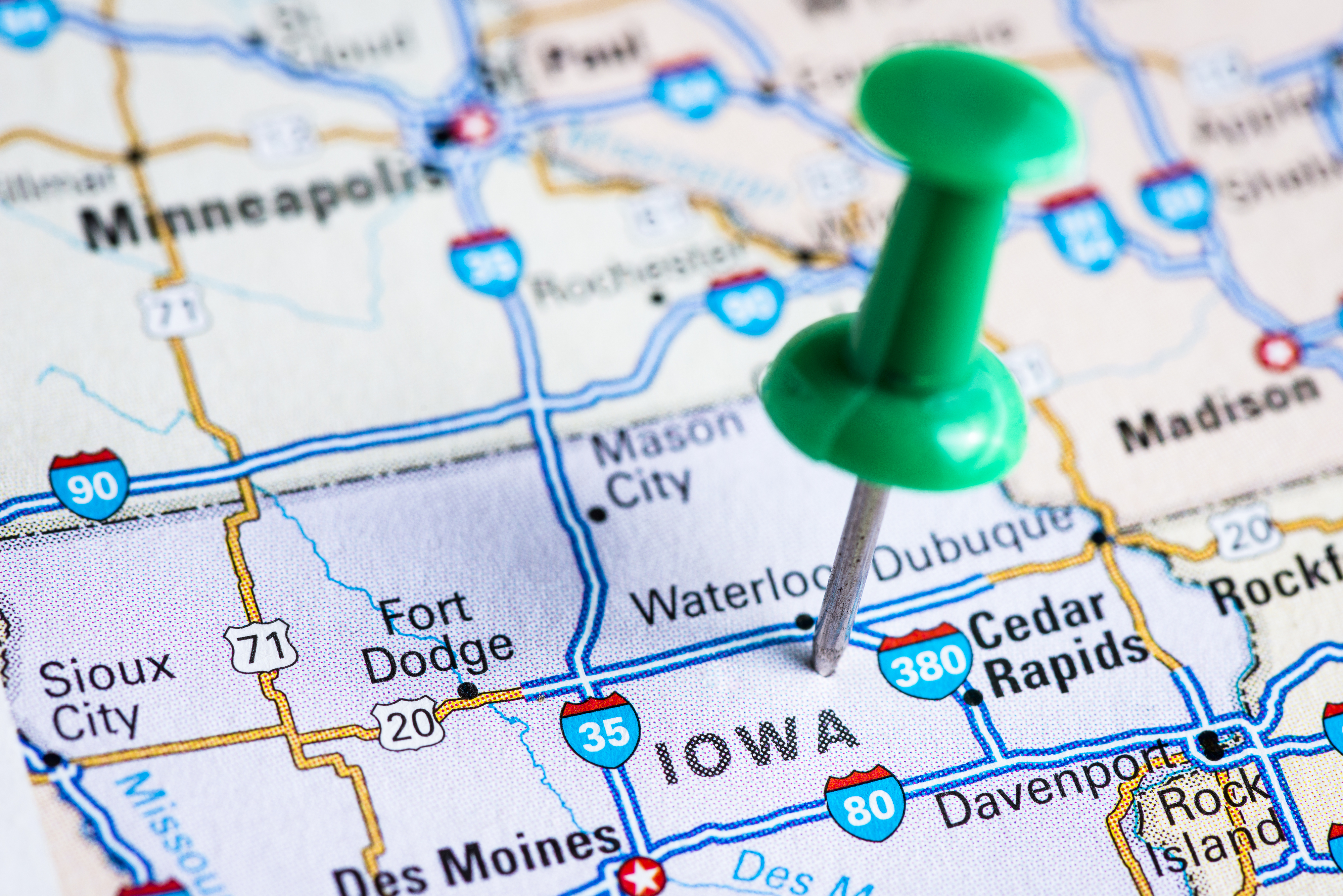 A pin in a map of Iowa